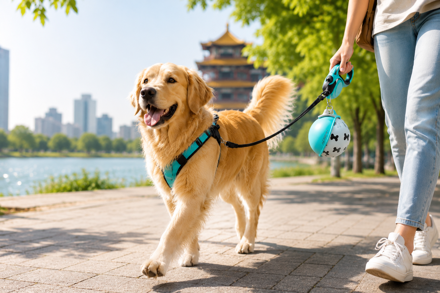 WagWander bottle clipped to leash for hands-free dog walks
