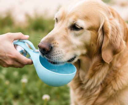 A golden retriever drinking fresh water from the WagWander silicone bowl outdoors